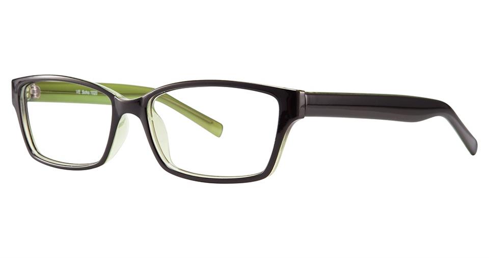 The Vivid Soho 1020 eyeglasses feature a pair of rectangular lenses with dark black frames on the front and light green arms. Crafted from high-quality plastic, the frame design combines a sleek, contemporary style with a two-tone color scheme, giving them a stylish appearance.