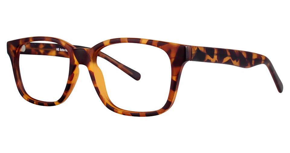A pair of Vivid Soho 1021 tortoiseshell eyeglasses with a rectangular frame design. The high-quality plastic frame features a mix of dark and light brown patterns, giving it a classic yet contemporary style. The glasses have clear lenses and straight arms with the same tortoiseshell pattern.