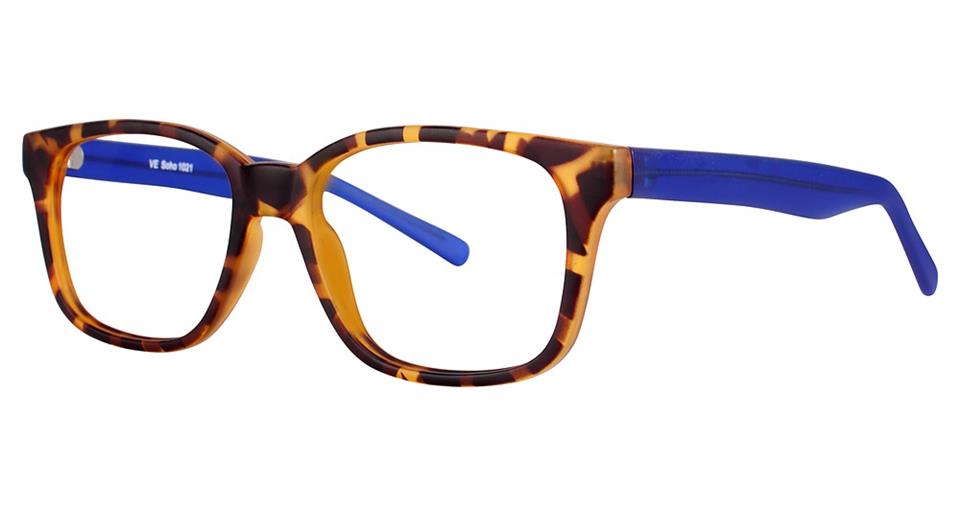 A pair of Vivid Soho 1021 eyeglasses with a tortoiseshell pattern on the frame front and vibrant blue temple arms. Crafted from high-quality plastic, the glasses feature rectangular lenses and a keyhole bridge design, making them perfect for a contemporary style.