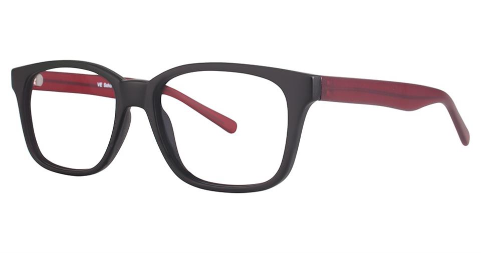 A pair of Vivid Soho 1021 eyeglasses featuring black rectangular frames with transparent red inner arms and temple tips. The design, made from high-quality plastic, is simple and modern, blending classic black with a touch of vibrant color on the inside for a contemporary style.