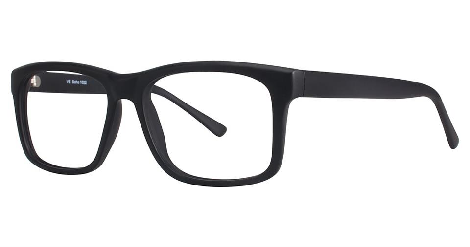 A pair of black Vivid Soho 1022 eyeglasses with a simple and sleek design. The frames are thick, solid premium plastic, providing a bold look. The temples are straight and slightly curved at the ends for comfort. The overall design is modern and unembellished, fitting perfectly with sophisticated color options.
