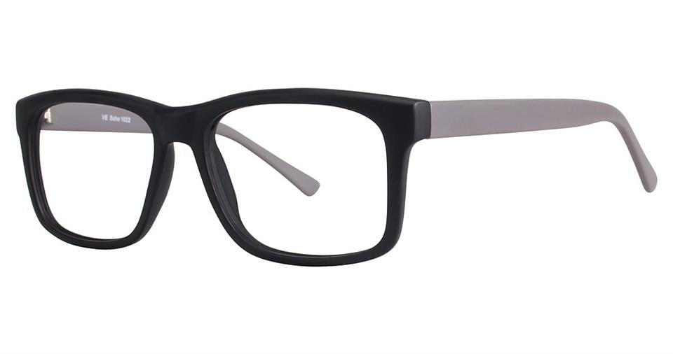 A pair of Vivid Soho 1022 eyeglasses with a black front frame and gray temples. The design is simple and modern with a neutral color scheme, constructed from premium plastic frames. The glasses have a professional and minimalist aesthetic.
