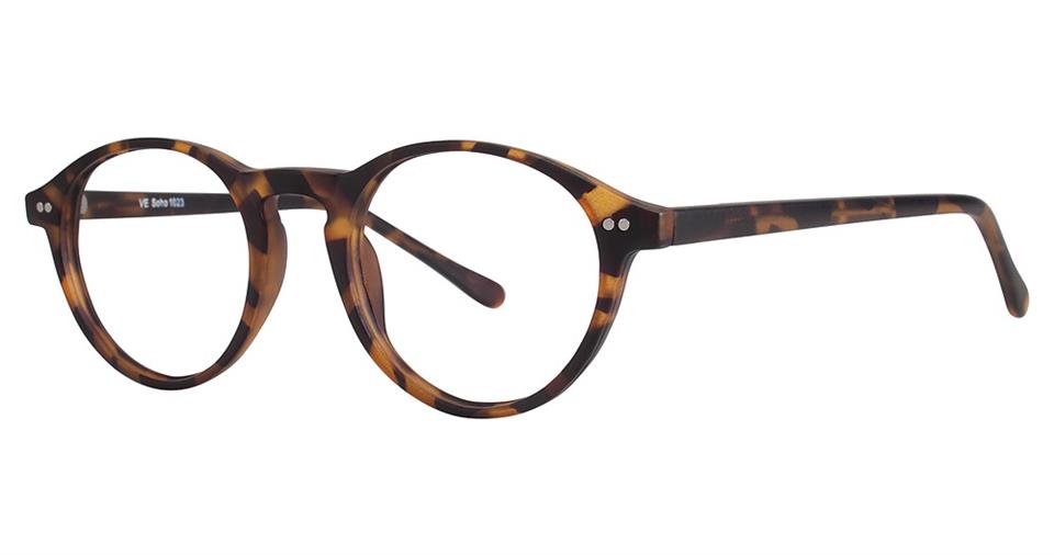 A pair of Vivid Soho 1023 eyeglasses with round, high-quality plastic tortoiseshell frames. The glasses have a classic design with hinges that feature two small silver dots on each side, merging timeless elegance with a contemporary style.