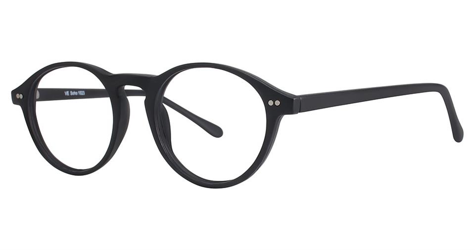 A pair of black, round eyeglasses with thin, high-quality plastic frames and straight arms. The contemporary style Vivid Soho 1023 eyeglasses feature two small, circular silver accents on each side near the hinges.