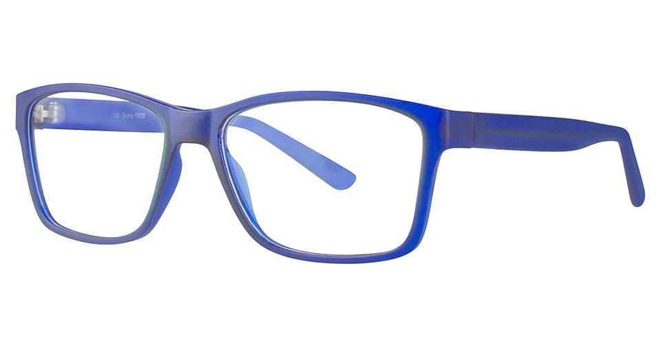 A pair of eyeglasses with rectangular lenses and vibrant blue frames. The temples are slim and match the frame color. These Vivid Soho 1026 Eyeglasses feature lightweight plastic frames, boasting a modern, stylish, and versatile style perfect for any occasion.