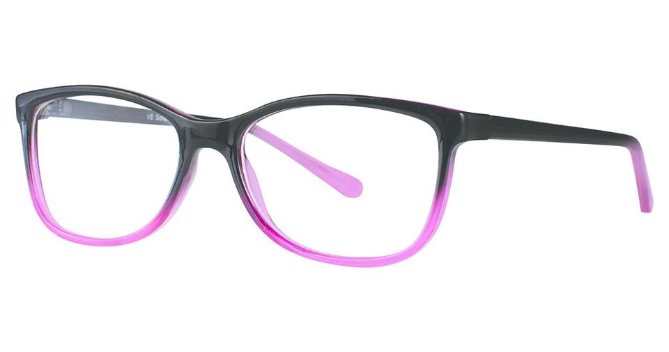 A pair of eyeglasses with a contemporary cat-eye frame. The top part is a dark color transitioning into bright pink toward the bottom. Made from lightweight plastic, the Vivid Soho 1027 temples are also dark with pink tips, and the lenses are clear.