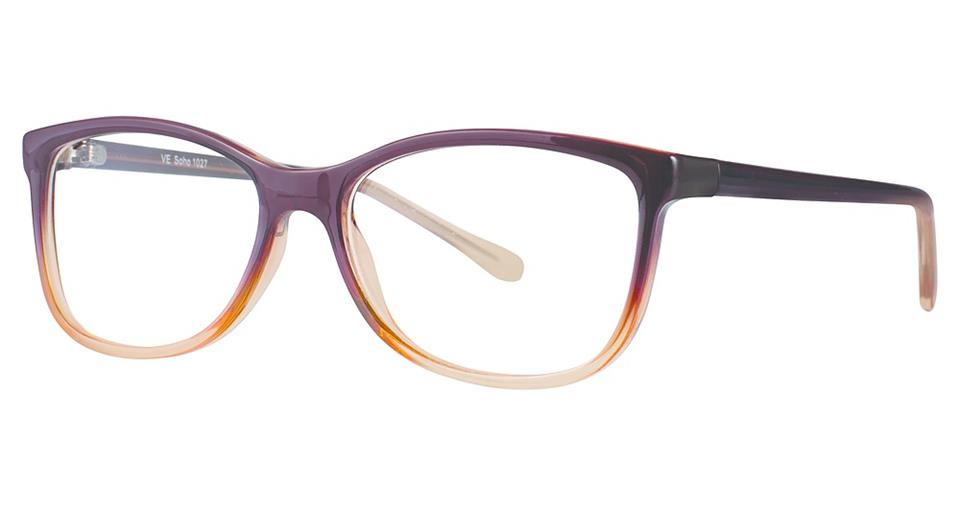 The Vivid Soho 1027 Eyeglasses feature a gradient frame transitioning from dark purple at the top to light beige at the bottom. Crafted from lightweight plastic, the rectangular frame with slightly rounded edges embodies a contemporary style, complemented by clear lenses for a modern, chic look.