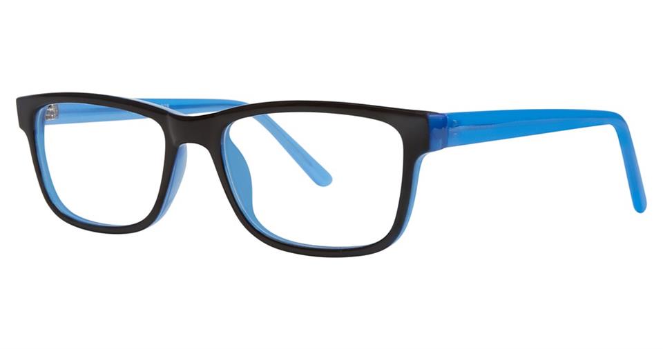A pair of Vivid Soho 1028 eyeglasses with black frames and blue temples. The glasses have a rectangular shape, crafted from high-quality plastic for a modern, sleek design and comfortable fit.