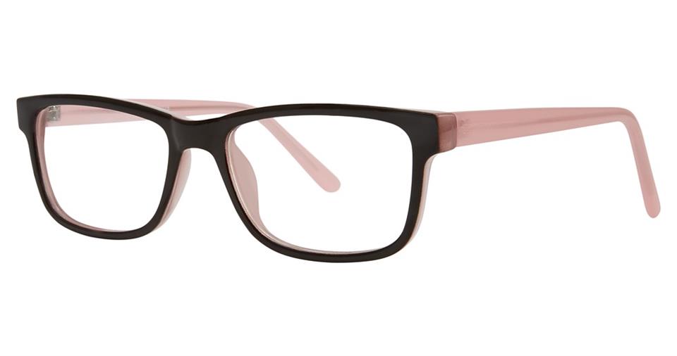 A pair of Vivid Soho 1028 eyeglasses with rectangular lenses. The front frame is black, transitioning to pale pink at the temples. Made from high-quality plastic, these eyeglasses ensure a comfortable fit with fully pink temples.