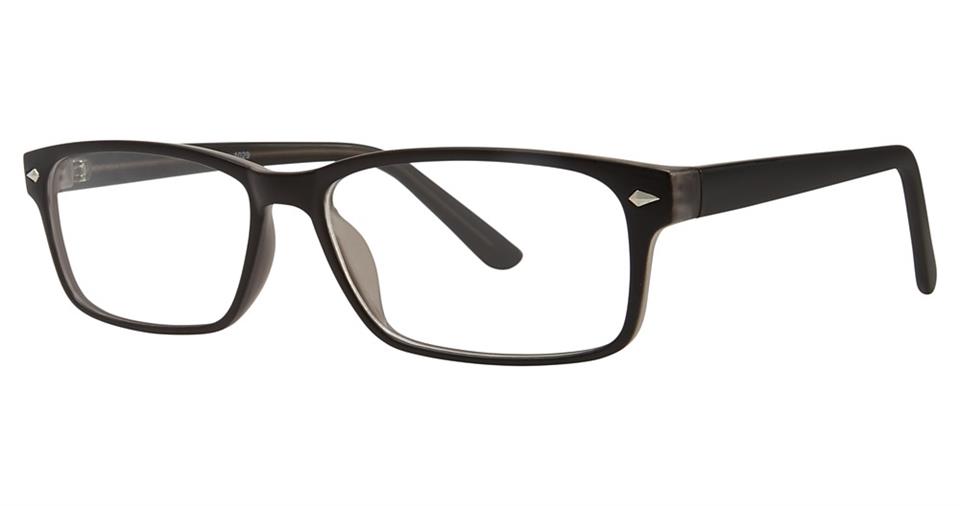 A pair of black, rectangular Vivid Soho 1029 Eyeglasses with slightly curved temples. The frame is sleek and modern, crafted from high-quality lightweight plastic, featuring a small, silver diamond-shaped detail near the hinges on each side. The lenses are clear. A versatile accessory for any wardrobe.