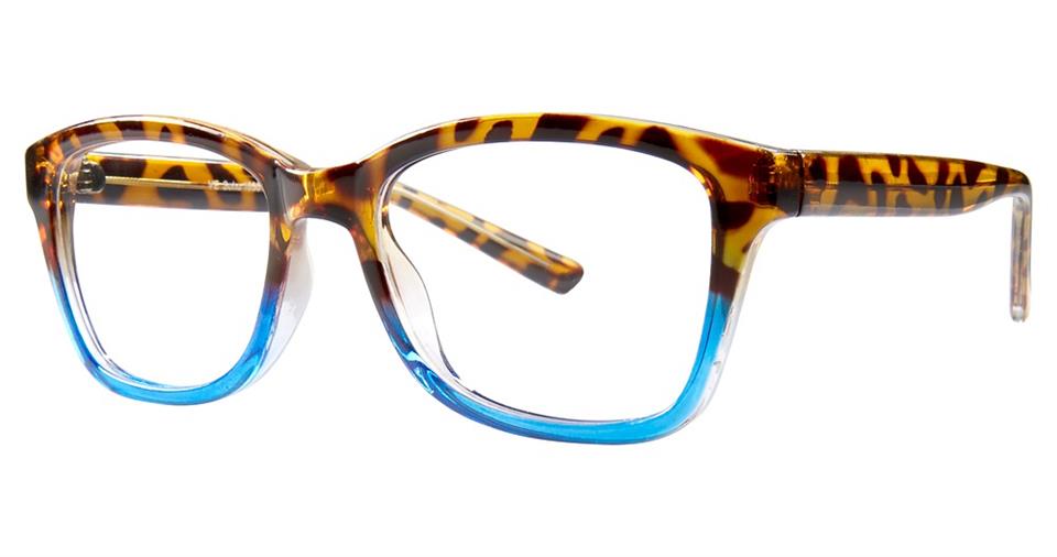 A pair of Vivid Soho 1030 Eyeglasses with a unique frame design featuring a Tortoise/Blue pattern on the upper half, transitioning to a vibrant blue color on the lower half. Crafted from lightweight plastic, the rectangular lenses and matching arms complete this stylish look.
