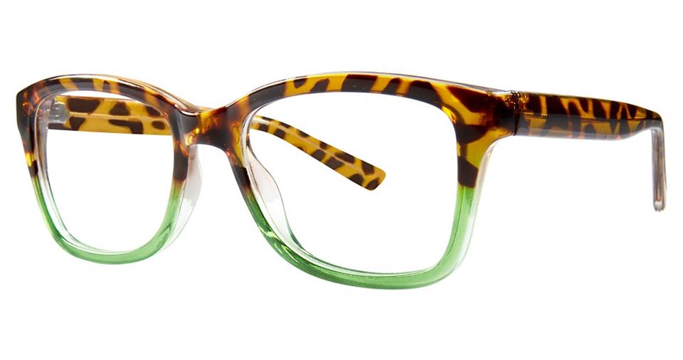 The Vivid Soho 1030 Eyeglasses feature a stylish upper tortoiseshell frame in brown and yellow, transitioning seamlessly to a semi-transparent green bottom. Made from lightweight plastic, the clear temples are accented with a chic tortoiseshell pattern.
