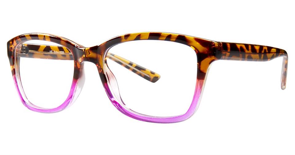 The Vivid Soho 1030 Eyeglasses feature a thick, lightweight plastic frame with a tortoiseshell pattern on the upper half and a gradient transition to pink on the lower half. The rectangular lenses have slightly rounded edges, and the temples boast the same elegant tortoiseshell and pink gradient design.