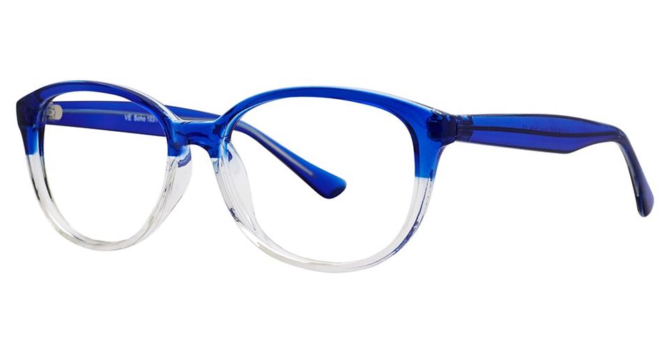 The Vivid Soho 1031 Eyeglasses feature a stylish and contemporary design with blue and clear acetate frames. The top half is a vibrant blue, transitioning to a clear, transparent material on the bottom. Crafted from high-quality lightweight plastic, the design includes rounded lenses and matching blue temple arms.