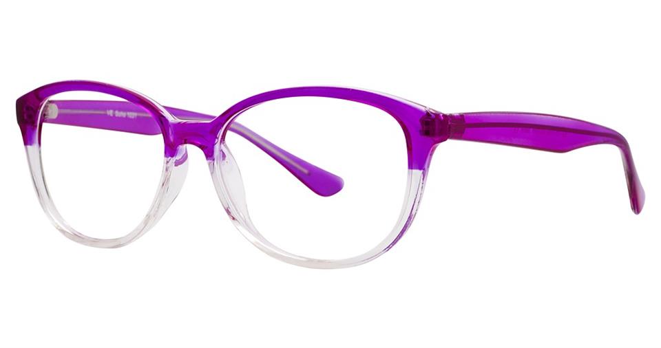 The Vivid Soho 1031 Eyeglasses feature translucent purple frames and clear bottom rims. Crafted from high-quality lightweight plastic, their design is modern, with slightly rounded lenses and a stylish, contemporary appearance.