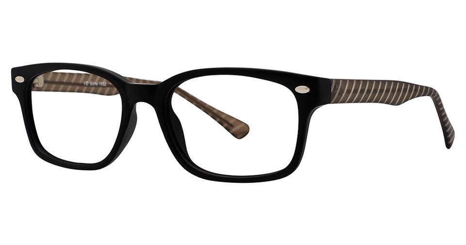 A pair of Vivid Soho 1032 Eyeglasses with black square frames and slightly rounded edges. The temples feature contemporary color combinations of dark and light stripes, adding a distinctive touch to the design. Made from lightweight plastic frames, the overall appearance is modern and stylish.