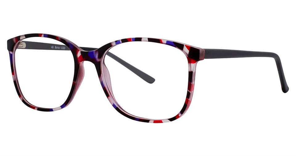 The Vivid Soho 1033 Eyeglasses feature a multicolored frame with red, white, and blue accents. The rectangular shape with slightly rounded corners pairs seamlessly with solid black temples. Crafted from lightweight plastic, these eyeglasses offer comfort and style.