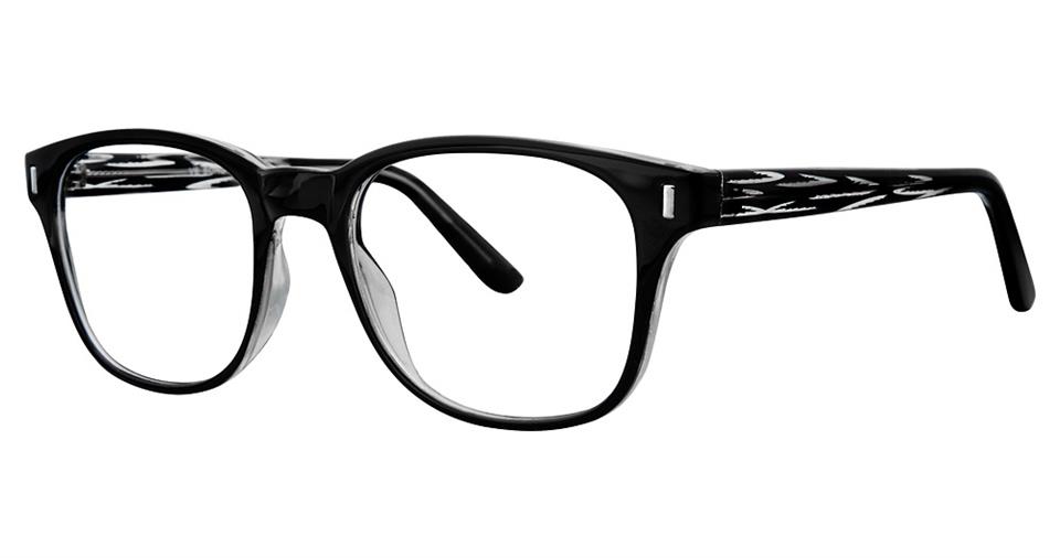 The lightweight plastic Vivid Soho 1034 Eyeglasses feature black frames with rectangular lenses and stylish black arms adorned with a subtle white geometric pattern, offering a modern and trendy design.