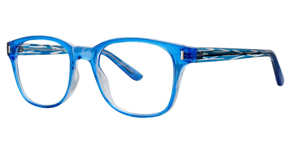 The Vivid Soho 1034 Eyeglasses feature a bright blue, transparent frame crafted from lightweight plastic. The temples are patterned with a mix of blue and white designs, giving them a stylish flair. These glasses have a rectangular shape with slightly rounded edges, perfect for any modern look.