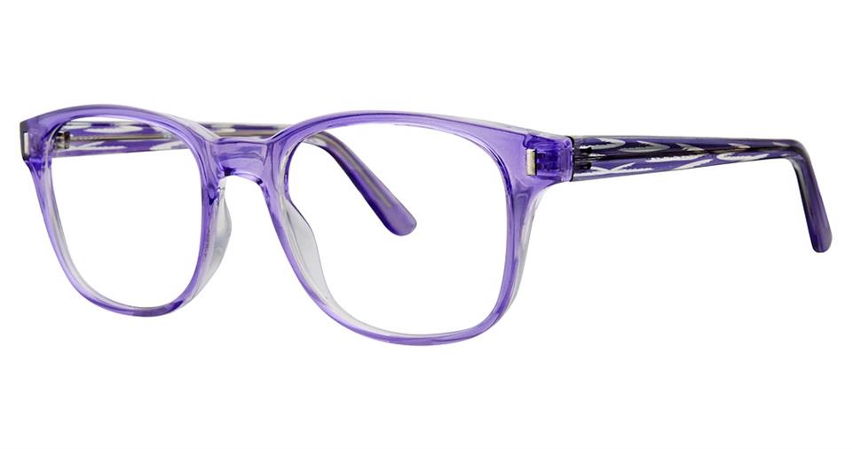 A pair of Vivid Soho 1034 Eyeglasses with transparent purple frames and clear lenses. The arms of the glasses, made from lightweight plastic, feature a stylish design with a pattern of diagonal white lines.