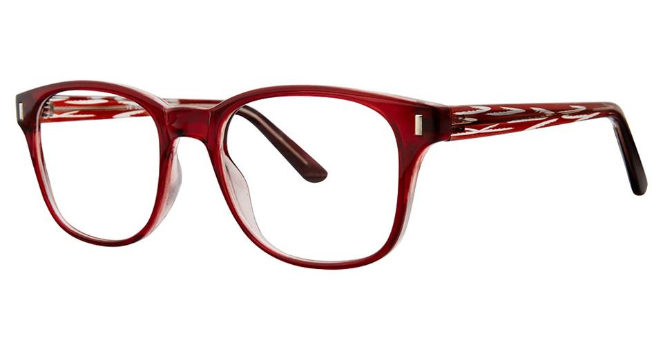 A pair of Vivid Soho 1034 Eyeglasses with red rectangular frames. The temples boast a decorative pattern with white accents, adding a touch of elegance to the lightweight plastic design.