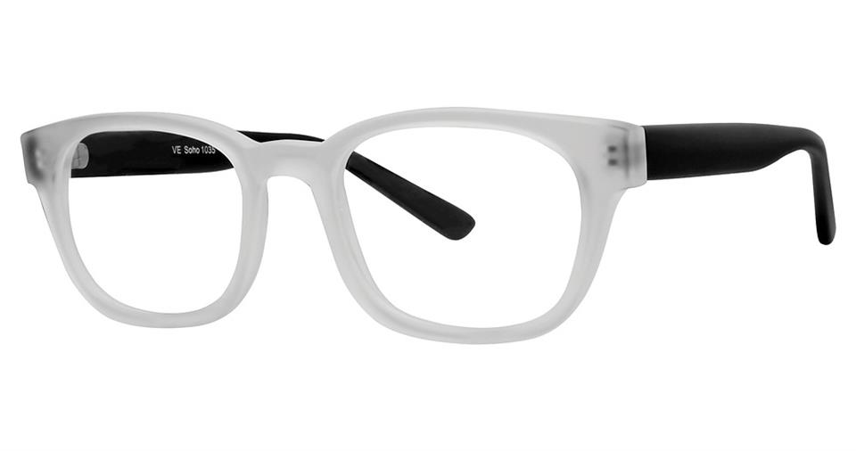 A pair of eyeglasses with a clear, rectangular frame and black temples. Made from high-quality lightweight plastic, the Vivid Soho 1035 Eyeglasses have a modern, minimalist design, showcasing a blend of transparency and contrast with its color scheme.