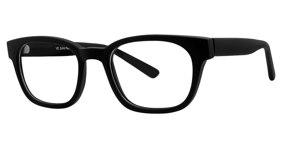 A pair of black rectangular Vivid Soho 1035 Eyeglasses with a glossy finish and thick frames. Made from high-quality lightweight plastic, the arms of the glasses are also black with a slight curve at the ends, offering modern color options.