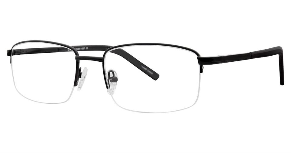 Image of a pair of Vivid Soho 1037 Eyeglasses exuding modern elegance. The glasses feature a black metal frame with rectangular lenses and sleek black high-quality plastic temple arms. The nose pads are clear, and the lenses are frameless at the bottom.