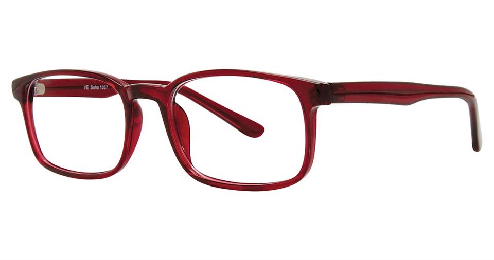 A pair of eyeglasses with red rectangular frames and clear lenses. The Vivid Soho 1037 Eyeglasses boast a simple, modern elegance with slightly thick temples and a subtle matte finish, all crafted from high-quality plastic.