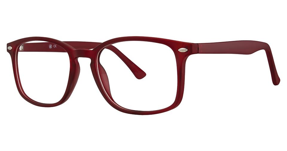 A pair of Vivid Soho 1038 Eyeglasses featuring a sleek, contemporary design. These red frames are rectangular with slightly rounded edges and showcase a small, circular metallic accent on the temples near the lenses. Made from high-quality plastic, the arms are straight with a gentle curve at the end.