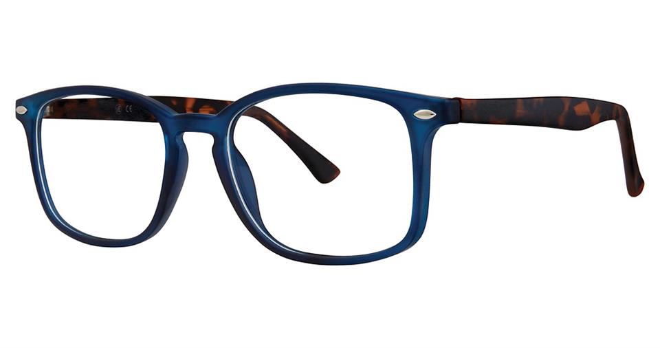 A pair of high-quality plastic eyeglasses with dark blue rectangular frames and tortoiseshell-patterned temples. The temples have a mix of brown and black colors, featuring small silver accents near the hinges. The overall contemporary design is both modern and stylish, embodying the essence of Vivid Soho 1038 Eyeglasses.