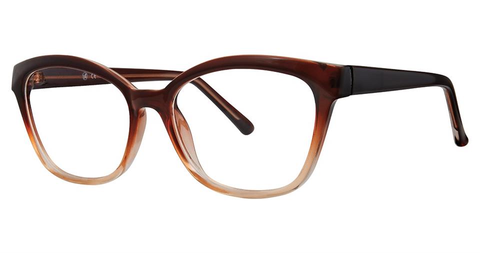A pair of fashionable, brown gradient Vivid Soho 1039 Eyeglasses featuring black temple arms and rounded rectangular lenses. The frame color transitions smoothly from a darker brown at the top to a lighter, almost transparent brown at the bottom, showcasing a contemporary design ideal for any occasion.
