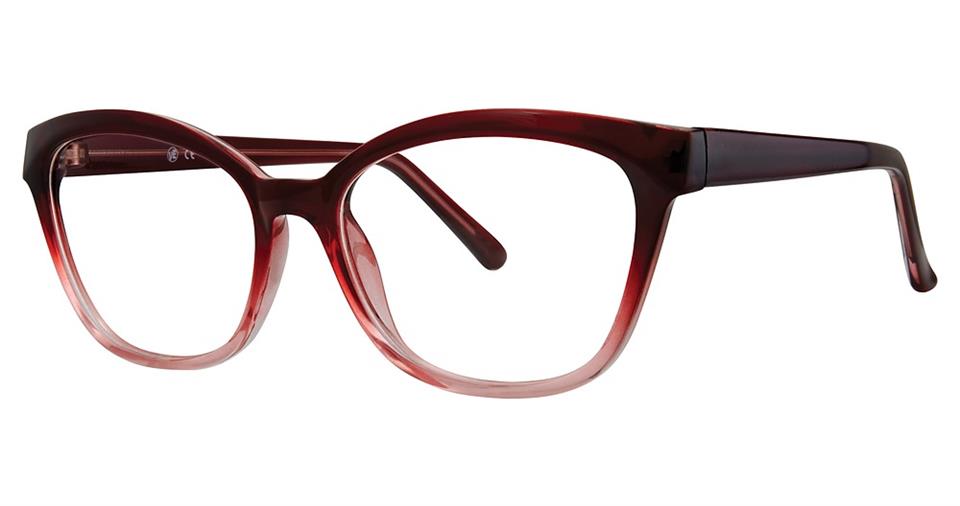 A pair of Vivid Soho 1039 Eyeglasses with a maroon to transparent pink gradient on the frames and arms. The lenses are large and slightly rounded with a subtle cat-eye shape, giving them a stylish and contemporary design perfect for any modern look.
