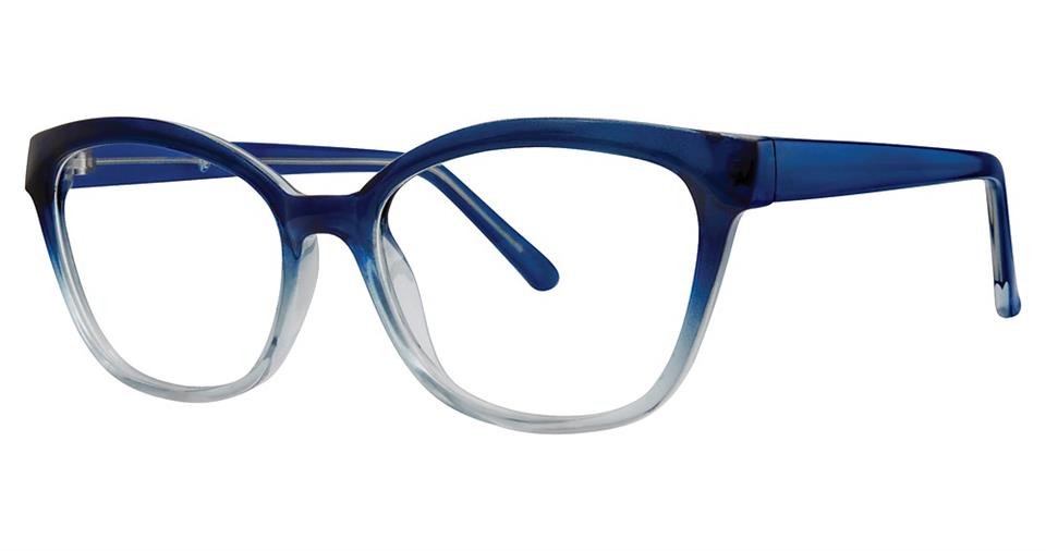 A pair of Vivid Soho 1039 Eyeglasses with a cat-eye frame, featuring an ombre design transitioning from dark blue at the top to clear at the bottom. The temples are solid blue, adding a touch of contemporary design.