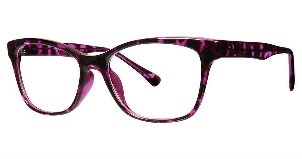 A pair of rectangular Vivid Soho 1041 Eyeglasses with a bold, thick frame featuring vibrant purple and black tortoiseshell patterns. The glasses offer a modern, fashionable design with a subtle cat-eye shape and clear lenses. The arms are straight, matching the frame's demi style pattern.