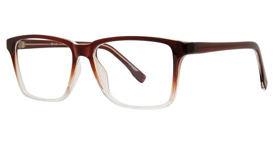The Vivid Soho 1042 Eyeglasses feature square lenses and high-quality plastic frames that gradient from dark brown at the top to transparent at the bottom, with matching brown temples. This versatile design offers a sleek and modern look, making them a stylish accessory for vision correction.