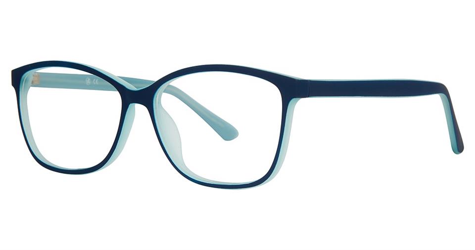 Vivid's Soho 1044 eyeglass frames feature a blue rectangular design with a slight cat-eye shape. The two-tone, colorful design showcases darker blue on the outer edges and lighter blue on the inner edges and temple tips. Crafted from high-quality plastic, these frames have a thin, sleek appearance.