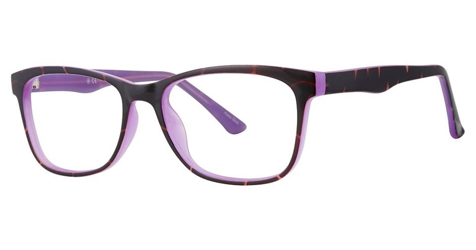 A pair of Vivid Soho 1045 eyeglasses with a contemporary style, featuring a rectangular frame in a black and purple tortoiseshell pattern. The inside of the frame is entirely purple, adding a vibrant contrast to the darker exterior while ensuring durable lightweight comfort.