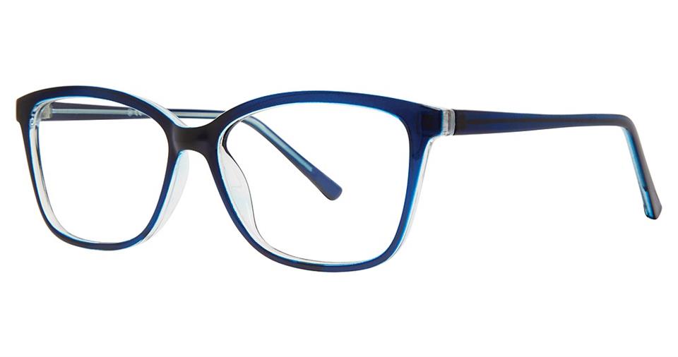 A pair of stylish Vivid Soho 1046 eyeglasses with a dark blue, semi-translucent frame. The lenses are rectangular with slightly rounded corners, and the temples match the frame's color and design. Made from durable plastic, the design embodies contemporary elegance with its sleek, modern appeal.