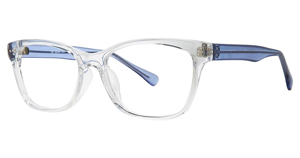 Discover the Vivid Soho 1047 eyeglasses, featuring a contemporary design with clear rectangular frames and blue temple arms. The temple tips match the arms for a cohesive look. Enjoy durable lightweight comfort with an integrated bridge and nose pads seamlessly built into the frame.