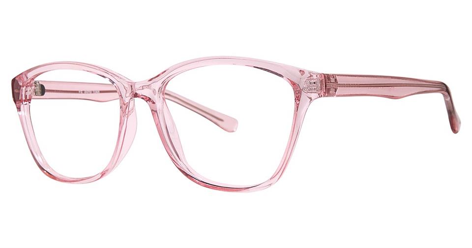 A pair of eyeglasses featuring a translucent pink plastic frame with slightly curved rectangular lenses and slender arms. The Vivid Soho 1048 eyeglasses offer minimalist elegance, combining modern style with lightweight comfort for both casual and formal wear.