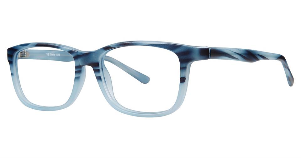 A pair of rectangular Vivid Soho 1049 eyeglasses with a blue marbled pattern on the frames and arms. The design, crafted from durable plastic, features a blend of light and dark blue hues, giving it a sophisticated yet trendy look. The glasses are displayed against a plain white background, exuding contemporary style.