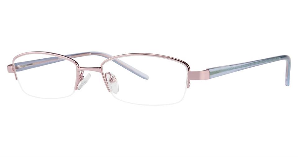 A pair of semi-rimless frames with a sleek design, featuring light pink metal and thin temples. The temples are slightly wider near the spring hinge skull design and taper towards the end, displaying a subtle gradient pattern. Vivid Expressions 1069 eyeglasses come with adjustable nose pads for comfort.