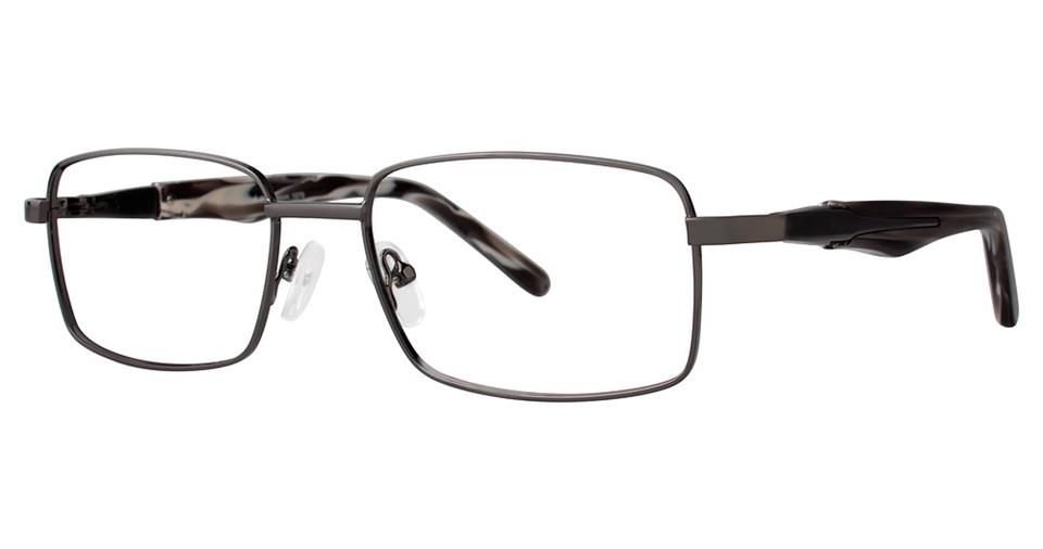 A pair of rectangular, black metal-framed Vivid Expressions 1079 eyeglasses with clear lenses. The temples are slightly curved and feature a sporty acetate pattern in black and white. Adjustable, transparent nose pads add comfort to the design.