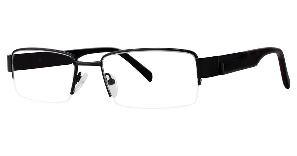 A pair of Vivid Expressions 1100 eyeglasses with sleek, black rectangular semi-rimless frames and dark, thick arms. The bridge section and adjustable nose pads ensure a stylish and practical appearance. The lenses have no rim at the bottom, enhancing the lightweight design.
