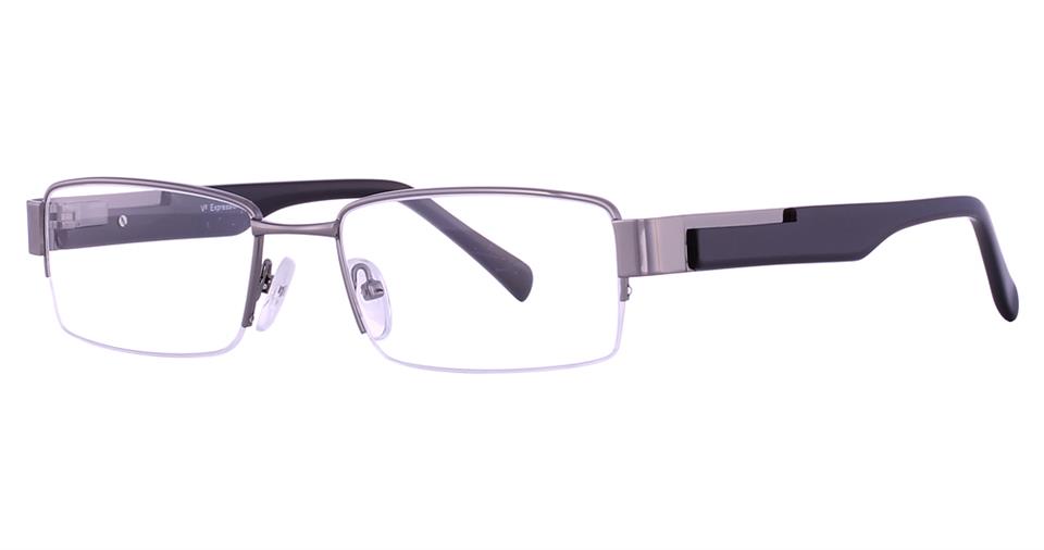 A pair of rectangular, stylish and practical Vivid Expressions 1100 eyeglasses with a sleek metal frame. These semi-rimless frames feature adjustable nose pads and dark, thick arms that curve slightly at the ends. The lenses are clear, and the overall design is modern and professional.