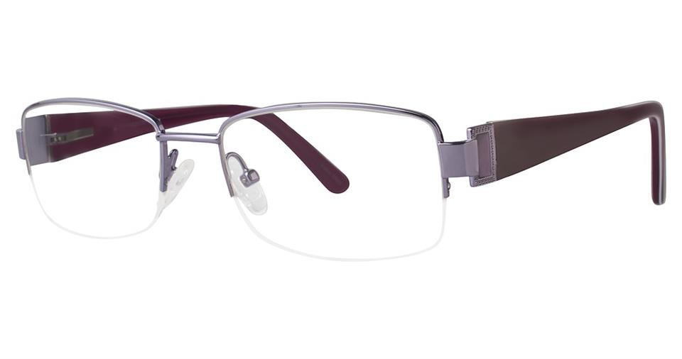 A pair of Vivid Expressions 1104 eyeglasses featuring a sleek, semi-rimless design and vibrant purple color frames.
