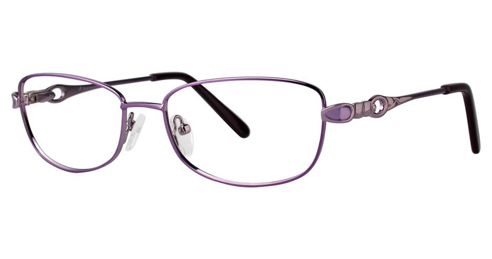 A pair of Vivid Expressions 1114 eyeglasses featuring a rectangular shape with a thin, two-tone design in purple metal and sleek black arms. These high-quality metal frames have adjustable nose pads and a small decorative detail near the hinges, offering clear lenses and a modern, stylish look.