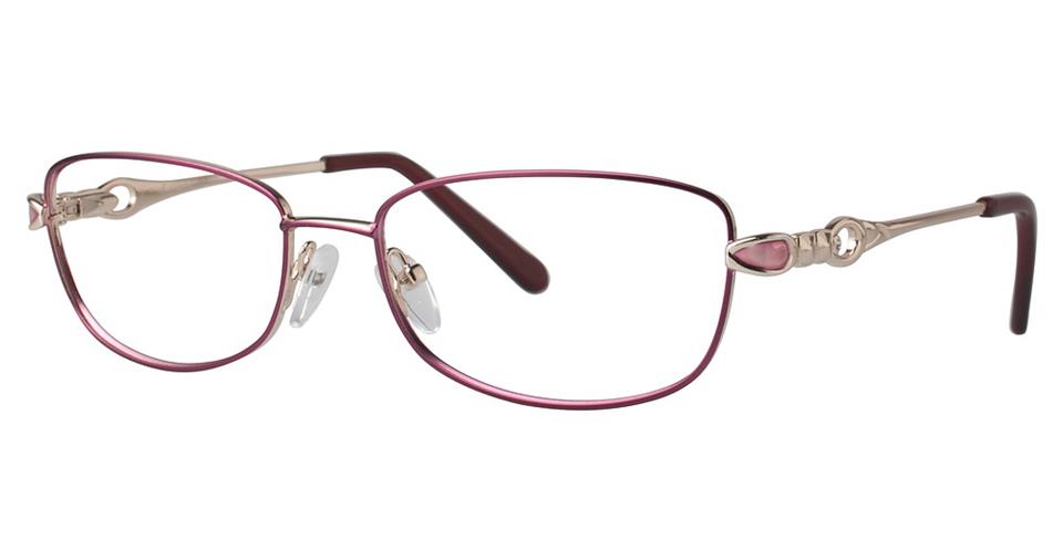 A pair of Vivid Expressions 1114 eyeglasses featuring a high-quality metal rose gold frame with maroon accents. The temples are adorned with design details and have maroon tips, showcasing a two-tone design. The glasses also include nose pads for added comfort.