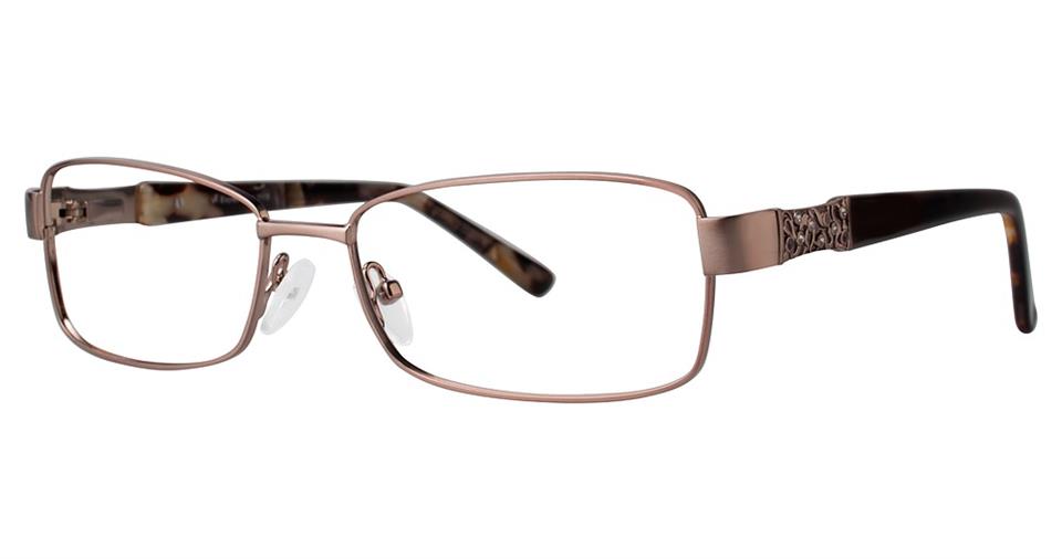 A pair of rectangular eyeglasses with a metallic brown frame and decorative etched temples. The nose pads are white, and the temple tips have a marbled tortoiseshell pattern. This Vivid Expressions 1115 design combines modern and classic elements with a subtle feminine temple design.